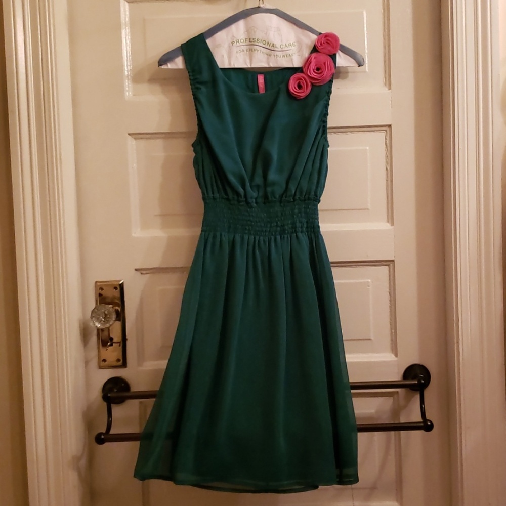 Jade with gold shimmer and pink flower dress XS